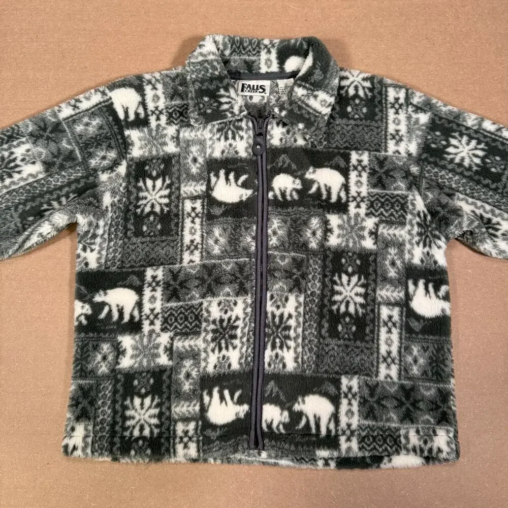 Polar Bear Snowflake Pattern Fleece Zip Jacket Winter Gray White Women’s Large